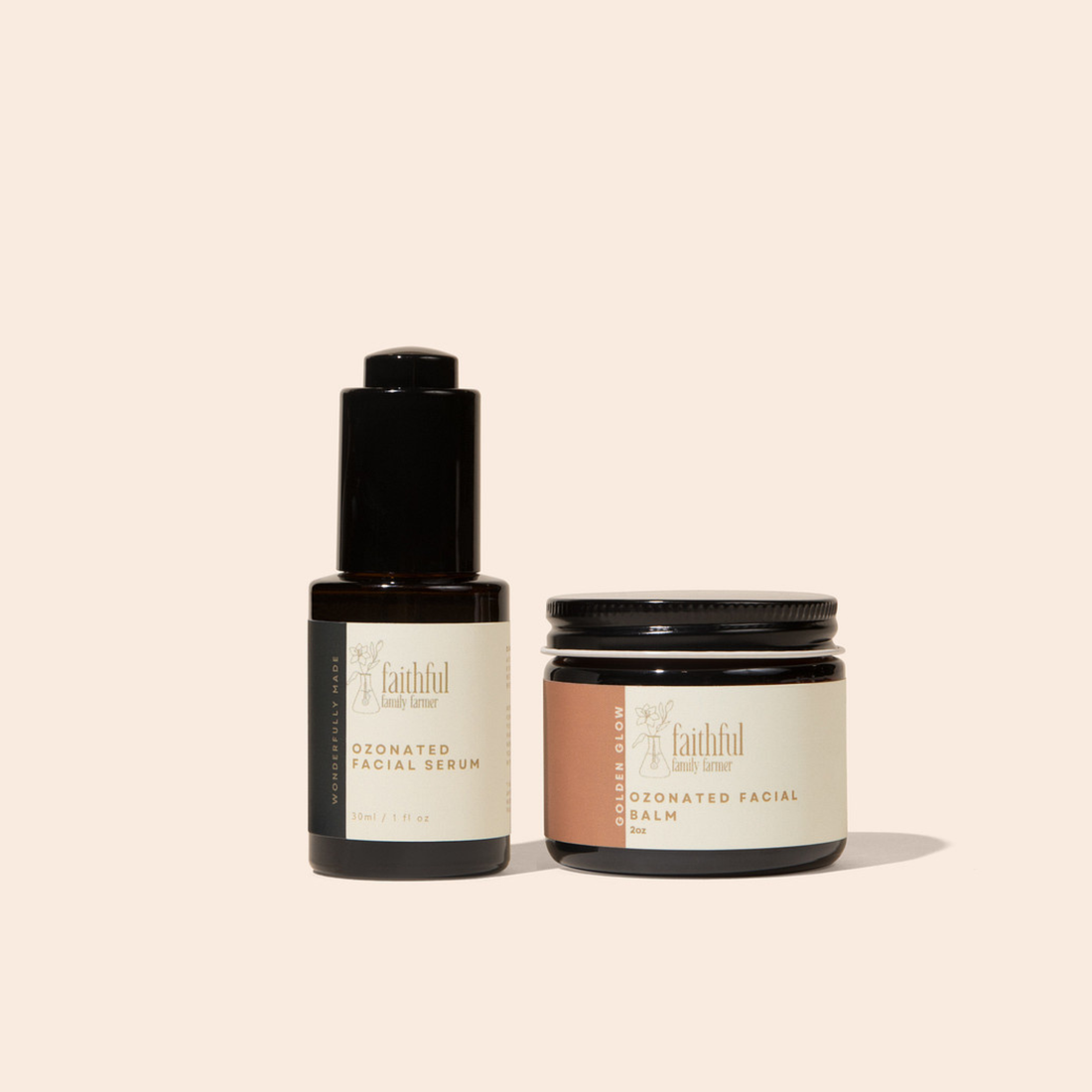A skincare set from Faithful Skin Shop featuring an ozonated facial serum in a dark amber bottle with a black dropper cap, and an ozonated facial balm in a dark amber jar with a black lid, both with cream labels on a light beige background.